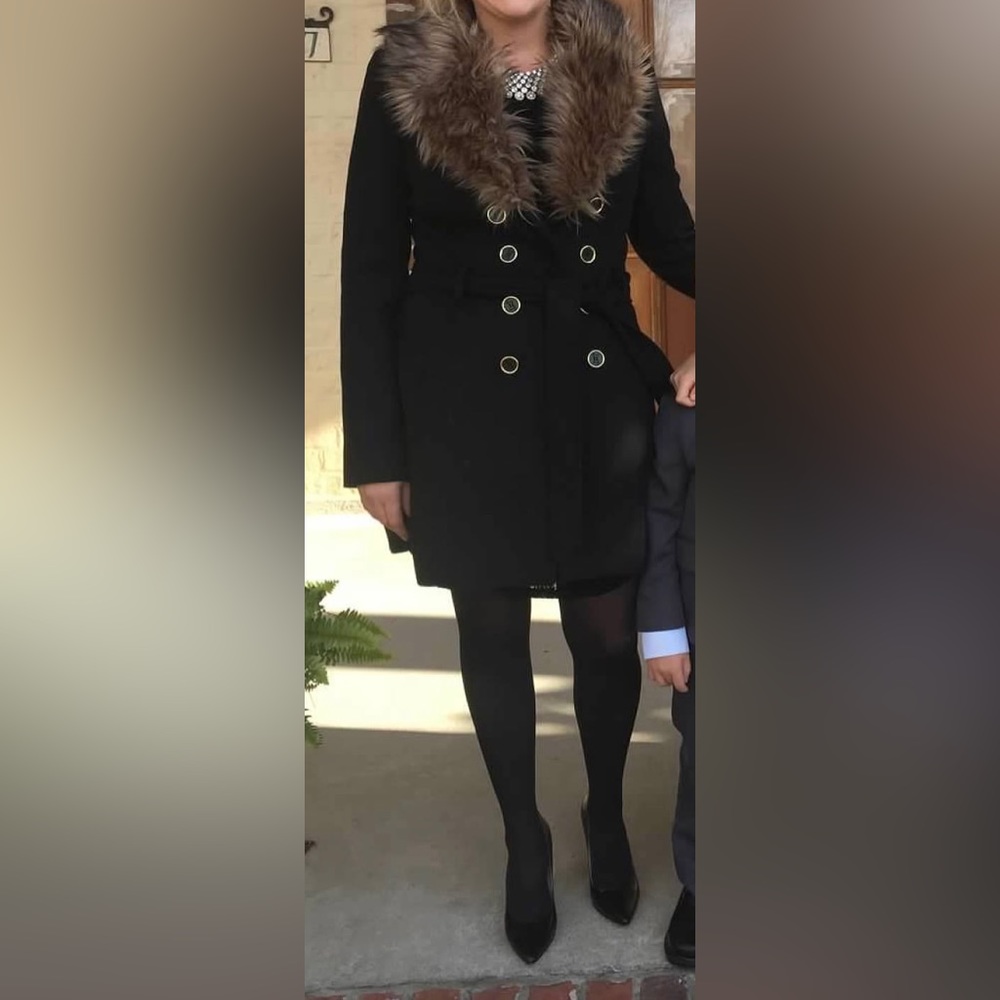 Guess | Women's Peacoat Black Faux Fur detachable collar Waist Tie Sz medium